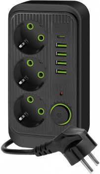 KONTORI PIKENDUSJUHE 3 PESA+4 USB-A+1 USB-C. LÜLITIGA 5M 3X1.5MM2 MUST KOBI