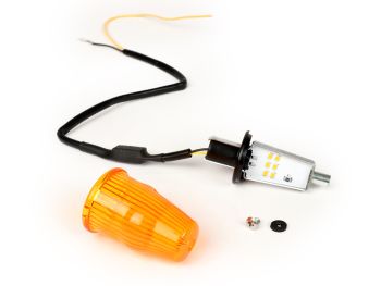 Pair of indicators -MOTO NOSTRA handlebar end indicator LED (E-mark), 6 volt- Vespa V50, 50SR, 50 Sprinter, 90SS, 90 Racer, PV125, ET3, Sprint150, Rally180/200 - orange