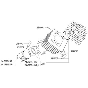 silindrikomplekt Polini malm sport 70cc 47mm Honda, Kymco, SYM (GR1) jaoks