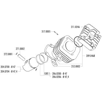 silindrikomplekt Polini malm sport 70cc 47mm Kymco AC (SF10) jaoks