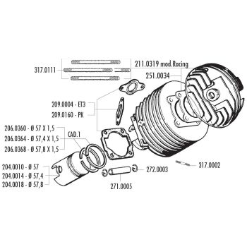silindrikomplekt Polini malmist võidusõidu 130cc 57mm Vespa 125 ETS, PK, Primavera 2T, Primavera ET3 2T, XL jaoks