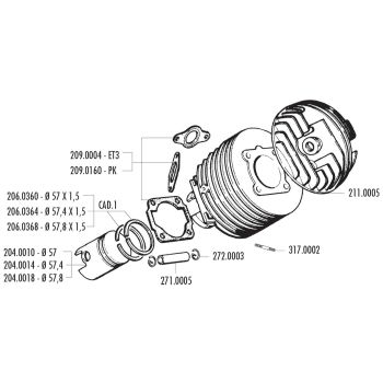 silindrikomplekt Polini malm sport 130cc 57mm Vespa 125 ETS, PK, Primavera 2T, Primavera ET3 2T, XL jaoks