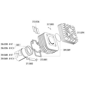 silindrikomplekt Polini malm sport 70cc 47mm Piaggio AC jaoks
