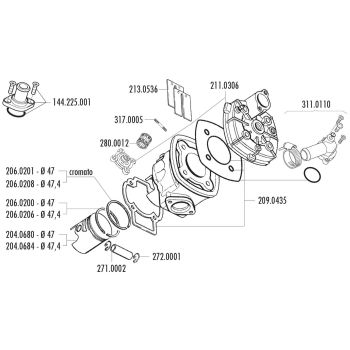 silindrikomplekt Polini malmist racing 70cc 47mm Piaggio LC jaoks
