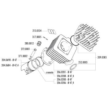 silindrikomplekt Polini malmist racing 70cc 47mm Peugeot vertikaalne AC jaoks