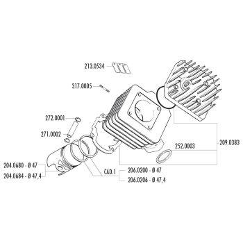 silindrikomplekt Polini malm sport 70cc 47mm Peugeot AC horisontaalne