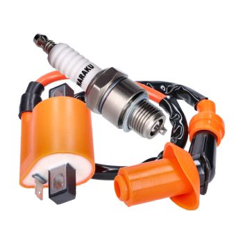 ignition Upgrade Kit Naraku High Output - 1 Pin Ignition Coil and Spark Plug Iridium (short thread) for Minarelli 2T horizontal/ upright AC/ LC