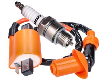 ignition upgrade kit Naraku High Output 1-pin ignition coil and spark plug iridium short thread for Minarelli 2-stroke horizontal, upright AC, LC